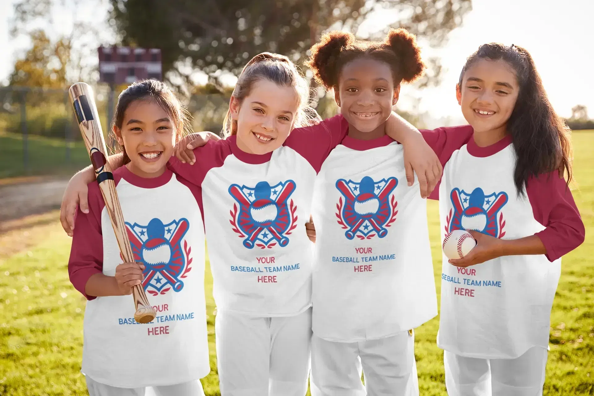 Kids wearing custom baseball team t-shirts, showing how your artwork can appear with same day custom t-shirt printing in Pittsburgh, Pennsylvania